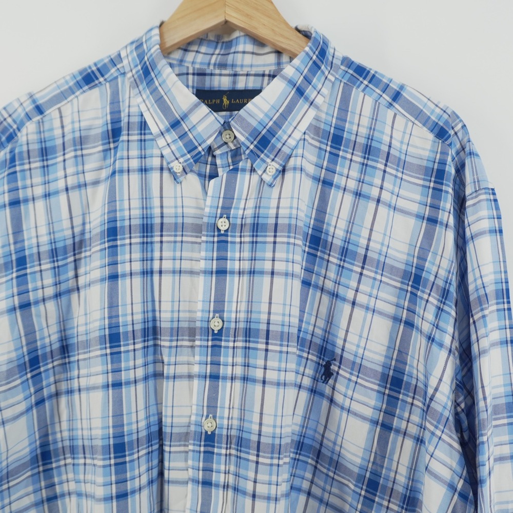Ralph Lauren Button Down Shirt Mens 2XB Blue White Plaid Long Sleeve Big & Tall